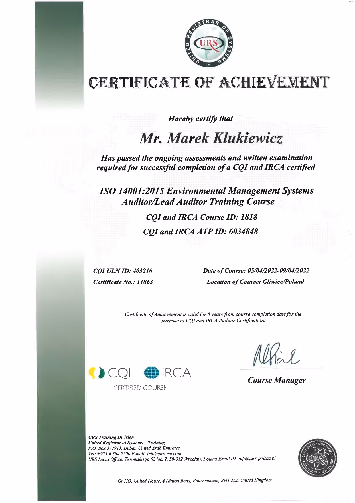 Certyfikat EMS Marek Klukiewicz