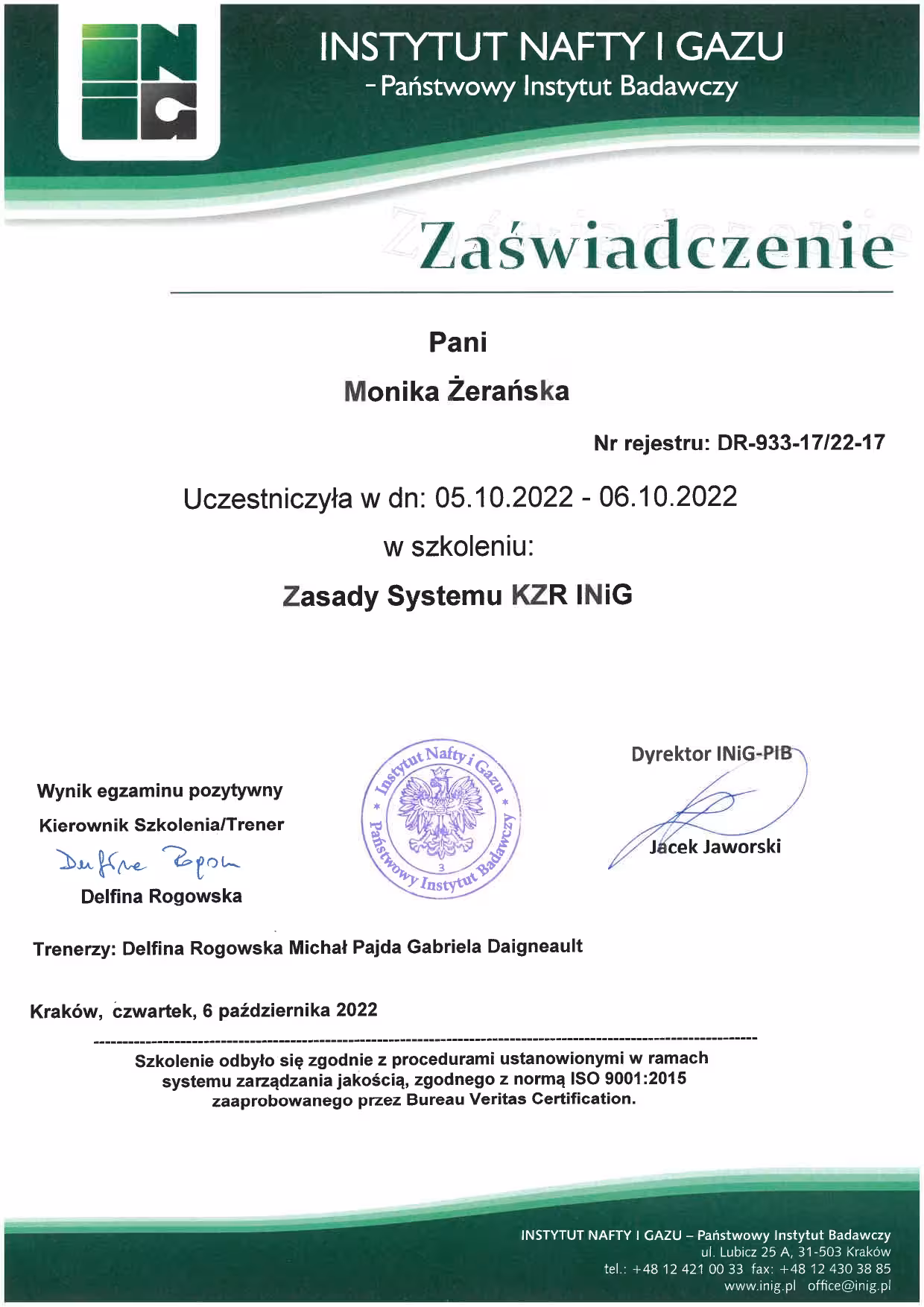 Certyfikat KZR Monika Zeranska