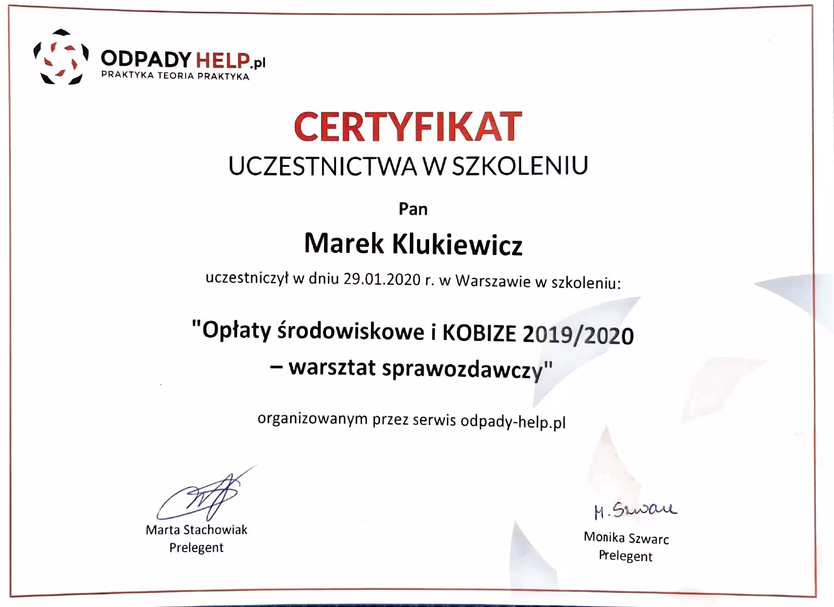 Certyfikat Oplaty srodowiskowe i KOBIZE Marek Klukiewicz