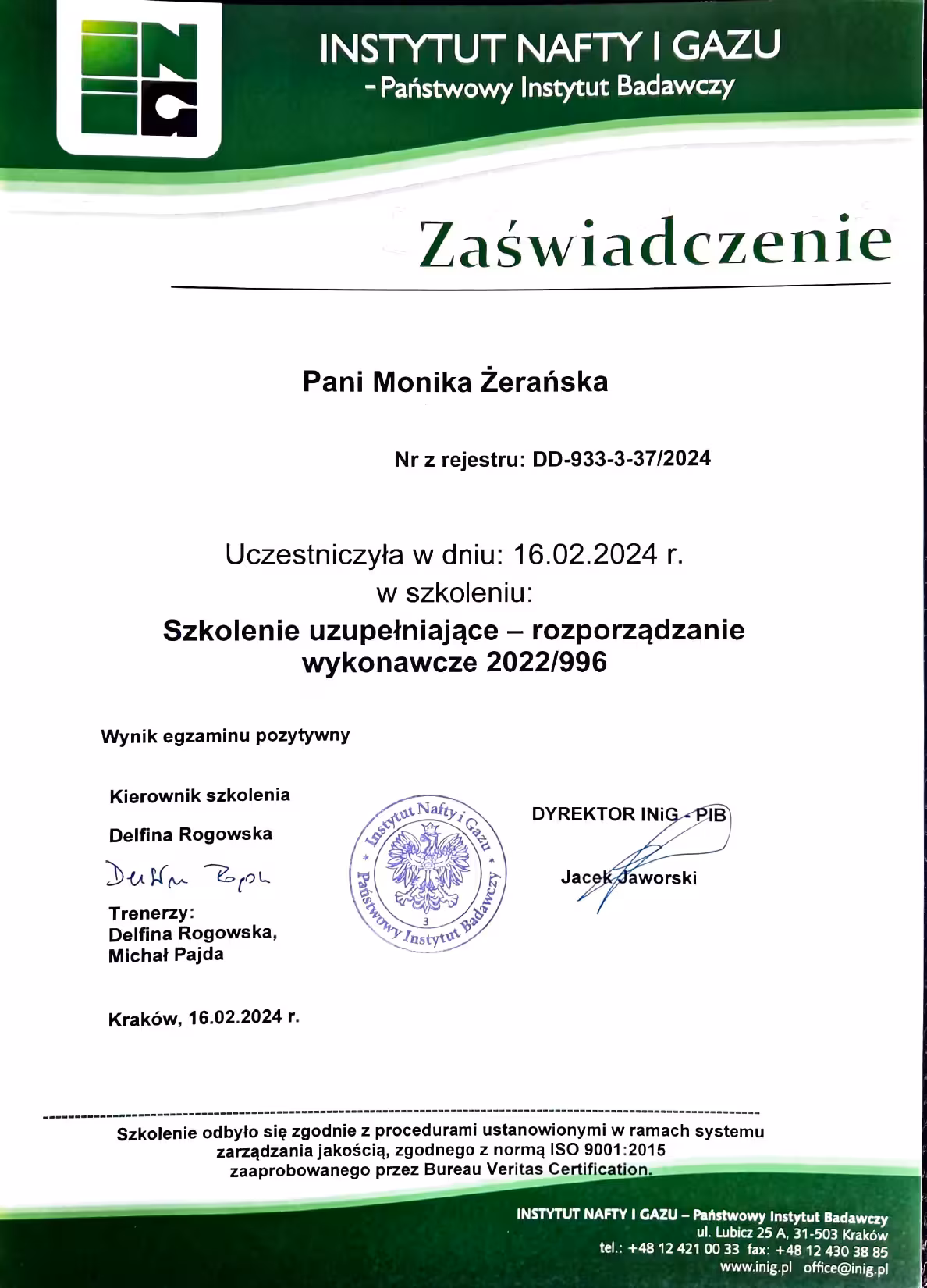 Certyfikat Szkolenie KZR Monika Zeranska